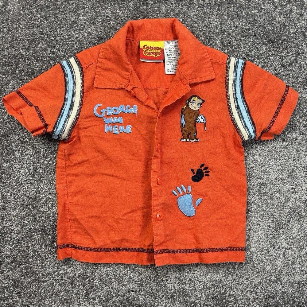 Vintage Curious George Short Sleeve Embroidered Button Shirt Youth 24M Cartoon